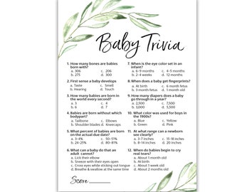 PRINTED GREENERY Baby Shower Games, Baby Trivia Game — Set of 25 — Baby Facts Games, Rustic Green Gender Neutral Minimalist Shower G320-TRV