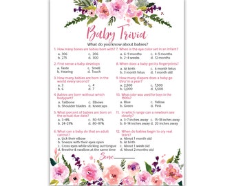 PRINTED FLORAL Pink Baby Trivia Game, Girl Baby Shower Games — Set of 25 — Fun Baby Facts Games, Pink Flowers, Garden Shower Game G140-TRV-1