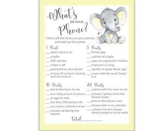 PRINTED YELLOW Elephant Baby Shower Game — What’s on You Phone Game — Set of 25 —Gender Neutral Baby Shower Games Activity G521-PHN