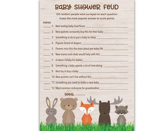 PRINTED Woodland Animals Baby Shower FEUD Game Pack of 25, Rustic Jungle Theme Gender Neutral Party Activity, Couples Shower Game G601-BSF