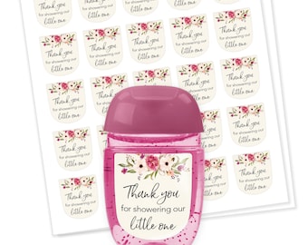 30 Pack 1 oz Pocketbac Girl Baby Shower Mini Hand Sanitizer Labels, Thanks Showering Our Little One Pink Floral Garden Favor Stickers S400