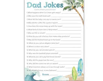 PRINTED BEACH Surf Dad Jokes Games — Set of 25 — Funny Daddy Jokes - Neutral Baby Shower Games - Couples Shower Games Activity G940-DJK