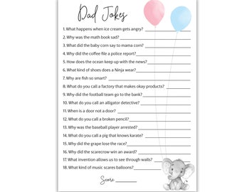 May include: A printable game card with a list of 18 dad jokes. The card features a gray elephant illustration with pink and blue balloons. The text "Dad Jokes" is written in black cursive at the top of the card.