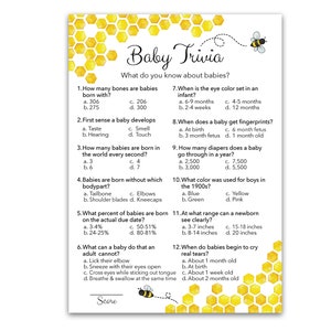 PRINTED Bee Baby Shower Games, Baby Trivia Game — Set of 25 — Mommy to bee Yellow Bumble bee Baby Facts, Honeybee Bumblebee Trivia G620-TRV