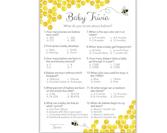 PRINTED Bee Baby Shower Games, Baby Trivia Game — Set of 25 — Mommy to bee Yellow Bumble bee Baby Facts, Honeybee Bumblebee Trivia G620-TRV