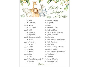 PRINTED  Safari Animal Baby Shower Game — Disney Parent Match Baby Shower Games — Set of 25 —  Disney Parents Star Kids G550-DPM