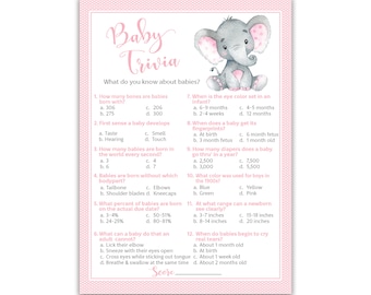 May include: Pink and gray baby shower trivia game with an illustration of a pink and gray elephant. The game has 12 questions about babies, with multiple choice answers.