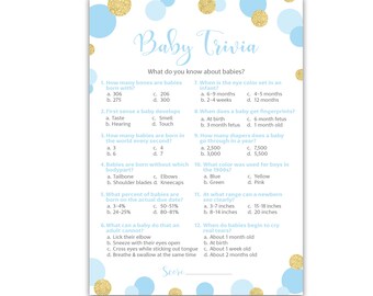 PRINTED Blue And Gold Baby Shower Party Games — Baby Trivia Game — Set of 25 — Boy Baby - Fun Baby Facts Trivia Couples Shower G811-TRV