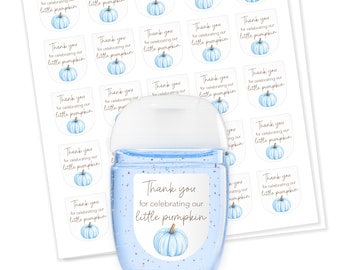 1 oz PocketBac Mini Hand Sanitizer Labels Blue Pumpkin Boy Baby Shower Favor Stickers Thank you for celebrating Little Pumpkin Fall S332B