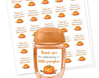 1 oz PocketBac Mini Hand Sanitizer Labels Pumpkin Baby Shower Favor Stickers Thank you for celebrating Little Pumpkin Fall Favors S331