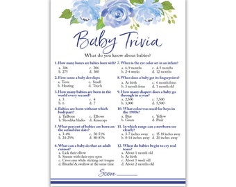 PRINTED Blue Baby Trivia Game, FLORAL Boy Baby Shower Games — Set of 25 — Fun Baby Facts Games, Shower Activity Blue Flowers Trivia G705-TRV