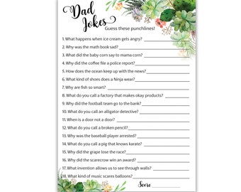 May include: A white game card titled Dad Jokes Guess these punchlines! featuring a numbered list of eighteen questions with blank lines for answers. The top and bottom corners are decorated with watercolor illustrations of green succulents.