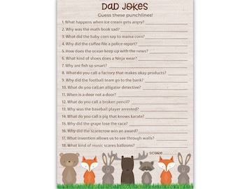 PRINTED Woodland Animals Dad Jokes Baby Shower Game, Pack of 25 Daddy Joke Trivia Games Gender Neutral Welcome to the Wild Activity G601-DJK