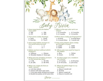 PRINTED SAFARI Animals Baby Shower Game, Baby Trivia Game — Set of 25 — Country Rustic Jungle Theme, Gender Neutral Fun Facts Game G550-TRV