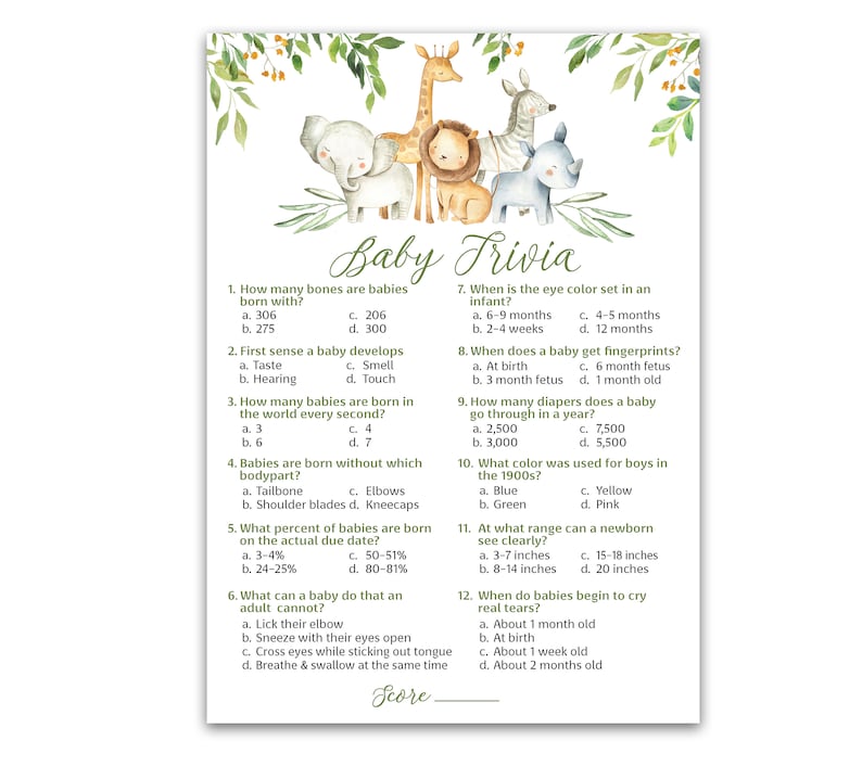 PRINTED SAFARI Animals Baby Shower Game, Baby Trivia Game — Set of 25 ...