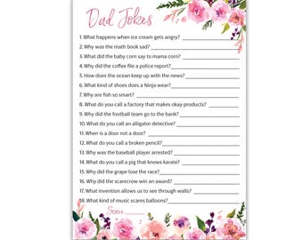 PRINTED Floral Dad Jokes Baby Shower Game Pack of 25 Funny Daddy Joke Trivia Pink Boho Chic Garden Theme, Girl Baby Shower Activity G140-DJK
