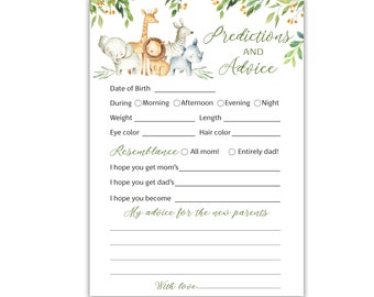 PRINTED SAFARI Animals Prediction and Advice Cards - Set of 25 -Gender Neutral  Baby Shower Games, Parents Mommy Daddy Message G550-PDAV