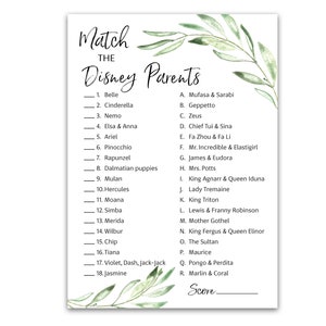 PRINTED Greenery  Baby Shower Game — Disney Parent Match Baby Shower Games — Set of 25 —  Disney Parents Star Kids G320-DPM