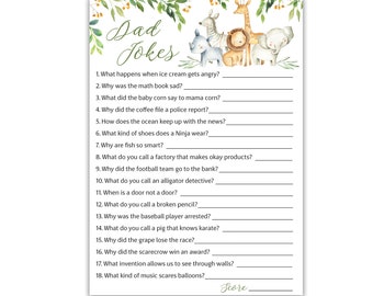 PRINTED SAFARI Animals Dad Jokes Games — Set of 25 — Funny Daddy Jokes - Neutral Baby Shower Games - Couples Shower Games Activity G550-DJK
