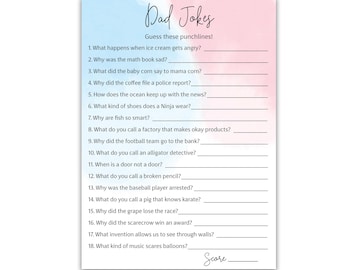 PRINTED Dad Jokes Gender Reveal Game, Pack of 25, Funny Daddy Joke Trivia, Pink or Blue Girl or Boy Coed Sprinkle Shower Activity G752-DJK