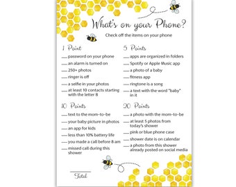 PRINTED HONEYBEE Baby Shower Game — What’s on You Phone Game — Set of 25 —Gender Neutral- Baby Shower Games Activity G620-PHN