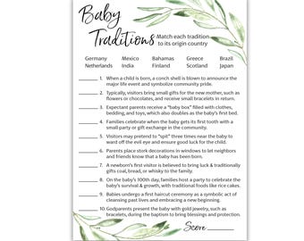 PRINTED Greenery Baby Shower Traditions Game Pack of 25, Around the World Trivia, Olive Branch Floral Rustic Neutral Activity G320-BTW