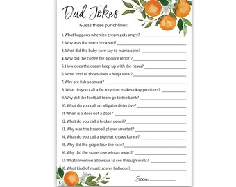 May include: A white paper with the title "Dad Jokes" and a list of fill-in-the-blank questions. The top of the paper has illustrations of oranges and leaves. The bottom has a space for a score.