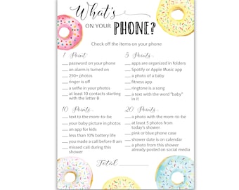 PRINTED DONUT Baby Shower Game — What’s on You Phone Game — Set of 25 —Gender Neutral--Baby Shower Games Activity G850-PHN