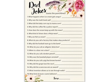 PRINTED Boho Dad Jokes Baby Shower Game, Pack of 25, Funny Daddy Joke Trivia Games, Pink Floral Girl Bohemian Sprinkle Activity G400-DJK