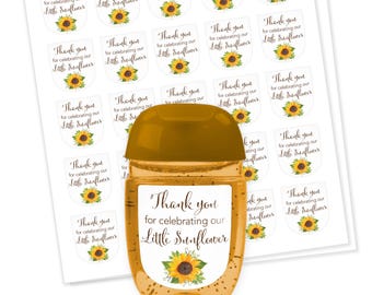 1 oz PocketBac Mini Hand Sanitizer Labels Sunflowers Baby Shower Favor Stickers Thank you for celebrating Little Sunflower Fall Favors S335