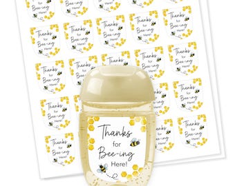 Mommy to Bee Baby Shower Mini Hand Sanitizer Labels, 1 oz Bottle Favor Stickers, Thanks for Bee-ing Here Honeycomb Bumblebee Decor S620