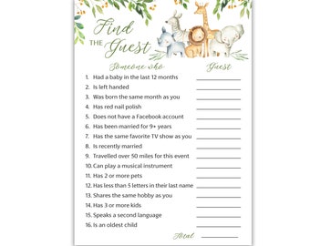PRINTED Safari Animal Baby Shower Game, Find the Guest — Set of 25 — Cute Icebreaker Party Games,Guess Who Came to the party  G550-FTG