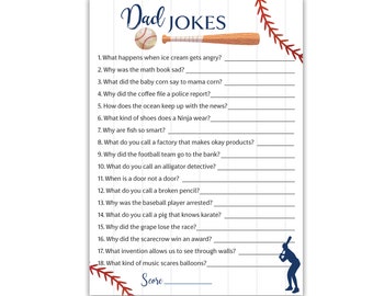 May include: A white sheet with the words "Dad Jokes" in a script font, along with a baseball and bat illustration. The sheet contains a list of 18 fill-in-the-blank jokes with a score section at the bottom. A baseball player silhouette is on the right.