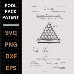 Puede incluir: Un dibujo en blanco y negro de un patente para un estante de bolas de billar. El patente se titula "Pool Ball Frame" y fue patentado el 8 de diciembre de 1891, por W. A. Sweet. El dibujo muestra un estante triangular con 15 bolas, y un mecanismo para mantener las bolas en su lugar.
