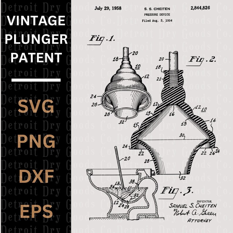 K&ouml;nnte beinhalten: Schwarz-wei&szlig;-Linienzeichnung eines Vintage-Patents f&uuml;r ein Kolben-Ger&auml;t. Die Patentzeichnung zeigt einen Kolben mit einem Gummiballon und einem Griff. Das Patent tr&auml;gt den Titel "Druckvorrichtung" und wurde am 3. August 1954 eingereicht. Die Patentnummer lautet 2.844.826.
