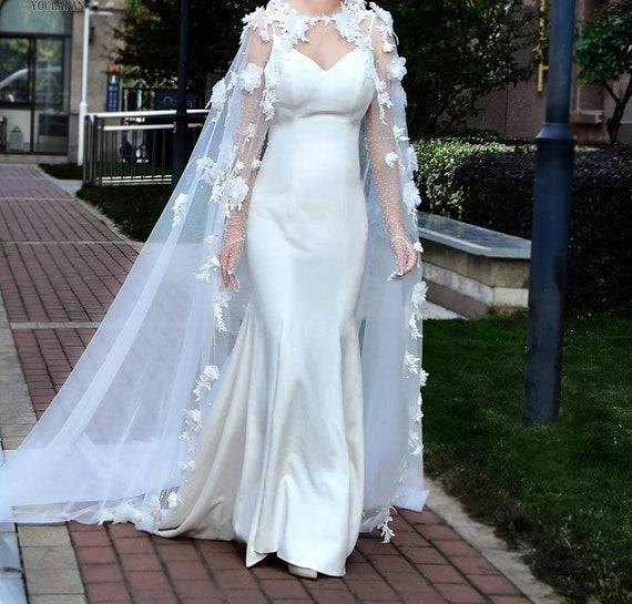 White Bridal Cape With Flowers and Pearls 300 CMS Long. Sheer - Etsy