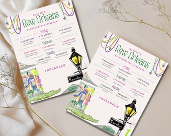 May include: A pink and green bachelorette itinerary for a trip to New Orleans. The itinerary includes activities for Friday, Saturday, and Sunday. The text includes the hashtag #NOLABACH. The image also features a watercolor illustration of a street lamp and a building with a sign that says "Bourbon".
