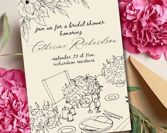 May include: A black and white illustration of a bridal shower invitation with floral accents. The invitation reads "join us for a bridal shower honoring Catherine Richardson, September 23 at 11am, richardson residence".
