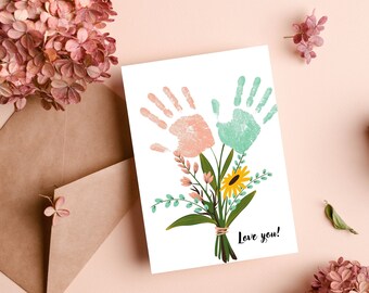 Mother's day handprint art printable Card Happy Mother's Day Flowers for Mom, Gift from Kids or Grandkids