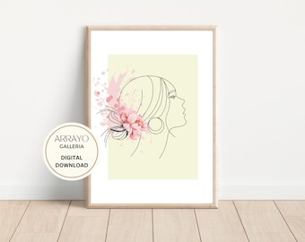 Art de dessin au trait minimaliste de fleur de cheveux de femme | Dessin au trait Home Decor Print | Illustration florale de visage de femme | Art de dessin au trait moderne