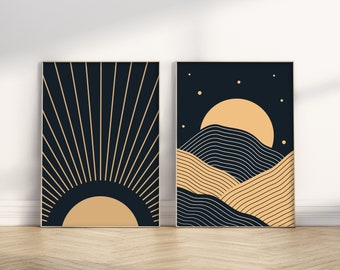 Set of 2 Sun and Moon Wall Art | Printable Boho Wall Art Sun and Moon Print | Digital Download Abstract Artwork Poster | Wall Decoration