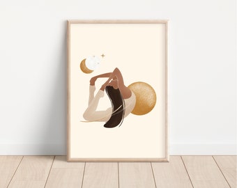 Boho Yoga Moon Print| Yoga Pose Art| Yoga Illustration| Woman Silhouette Yoga|Moon and Stars Print|Digital Download| Wall Art Decor| Poster
