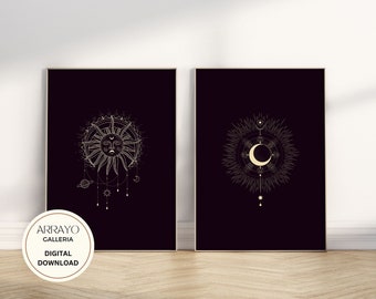 Set of 2 Moon Sun Wall Art Printable Decors | Digital Download Mid-Century Modern Art | Black and Gold Moon Sun Wall Art | Printable Art