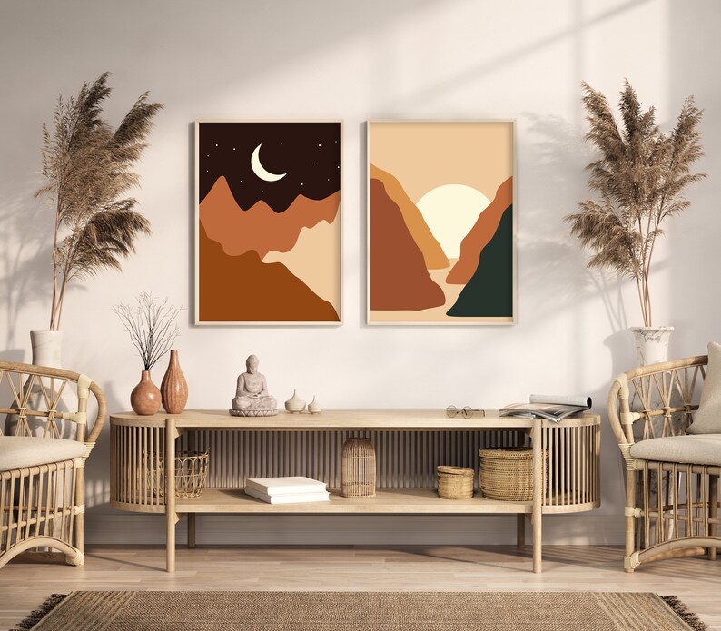 Set of 2 Sun and Moon Wall Art Printable Boho Wall Art Sun and Moon Print Digital Download Abstract Artwork Poster Wall Decoration image 2