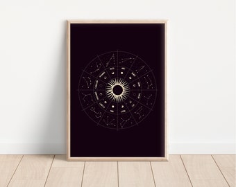 Zodiac wheel |Astrology Poster Printable |Galaxy Digital Print| Galaxy Wall Art| Universe Wall decor| Gold and Black Art| Art Prints