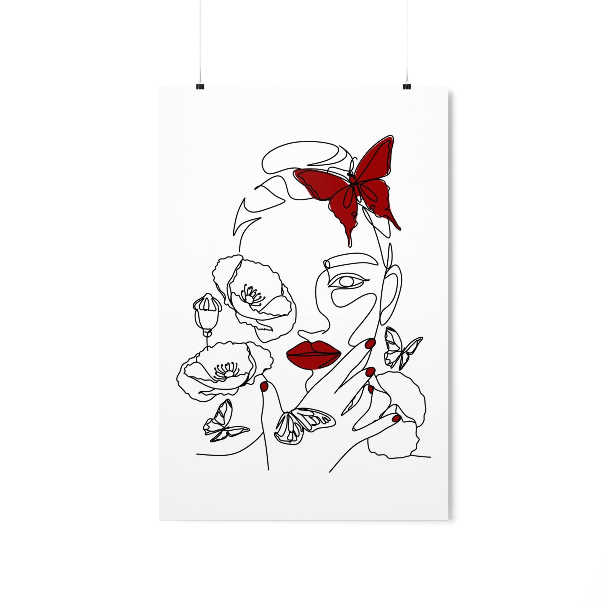 One Line Female Face Butterfly Red Art Single Line Woman Face Butterfly