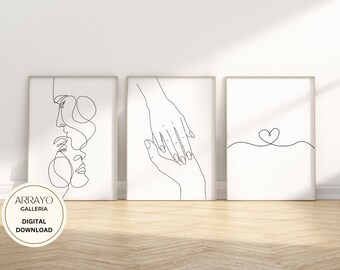 Couple Line Drawing | Couple One Line Print | Romantic Line | Tryptic Wall Art | Set of 3 Prints | Hands and faces | Print Digital Download