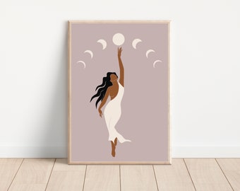 Digital Download Boho Woman Wall Art | Woman with Moon Phases Print | Home Decor Boho Prints | Printable Wall Decor