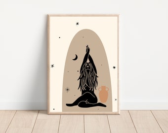 Boho Yoga Moon Print| Yoga Pose Art| Yoga Illustration| Woman Silhouette Yoga|Moon and Stars Print|Digital Download| Wall Art Decor| Poster