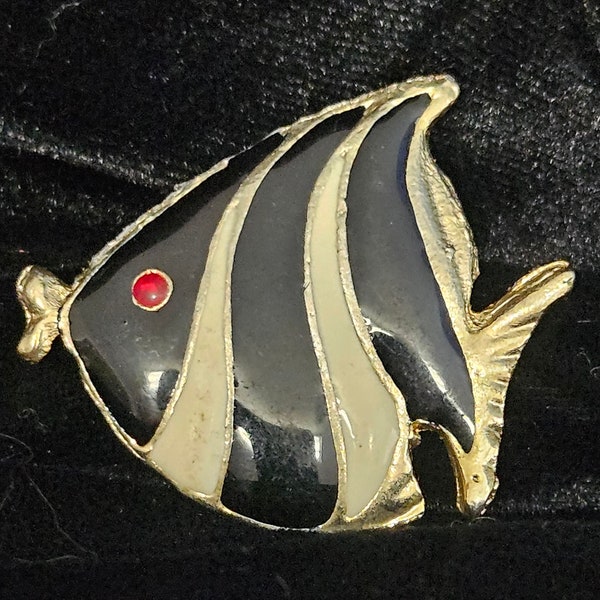 Vintage Tropical Angel Fish Brooch/Pin, Gold Tone, Black and White Enamel with Red Rhinestone Eye